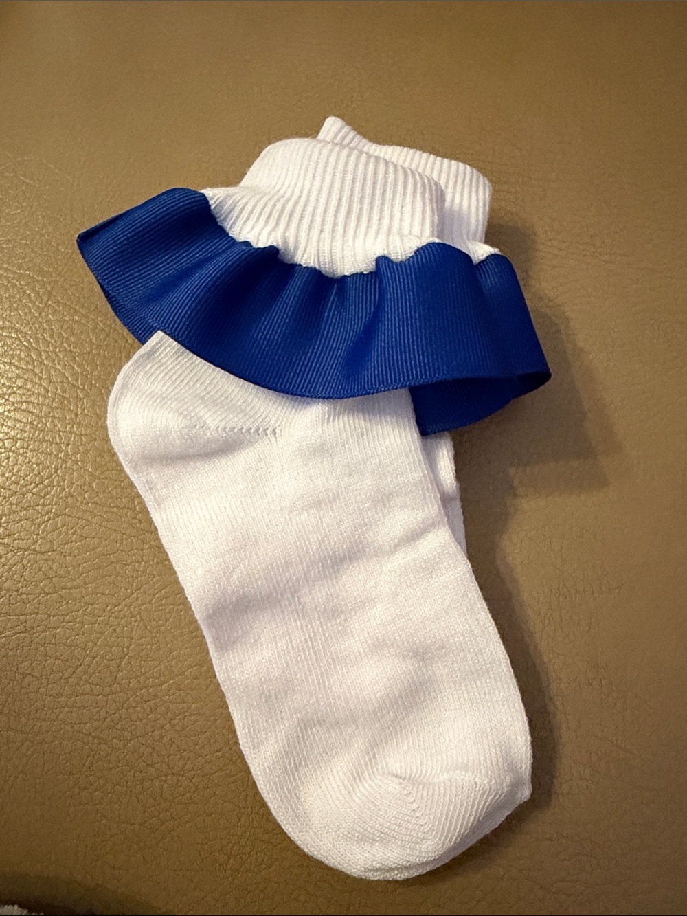 Hand Crafted White Kids Socks with Blue Ruffle Trim